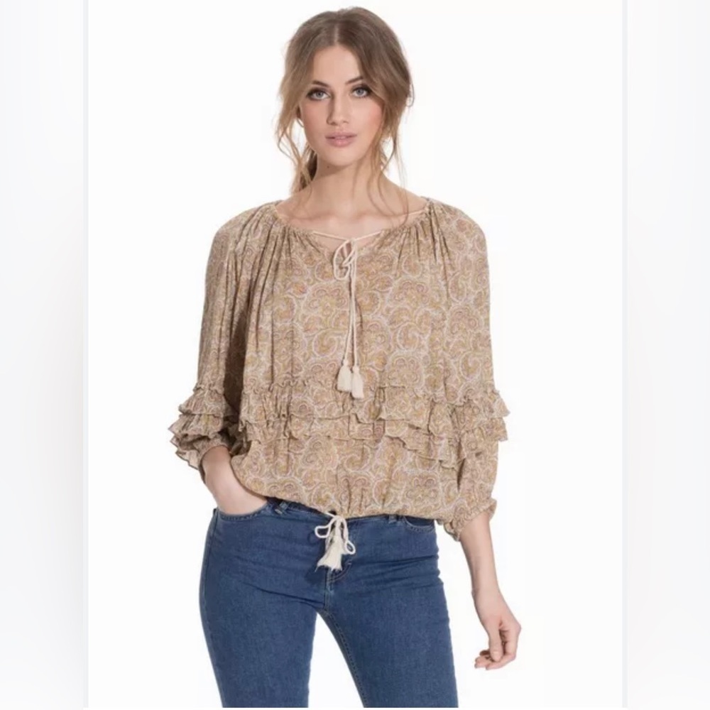 Boho Tassel Tie Beige Paisley Peasant Top
